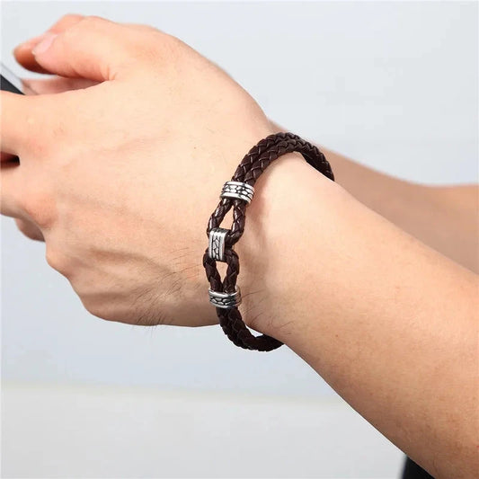 Black Braided Leather Bracelet Multilayer Stainless Steel Design deideas