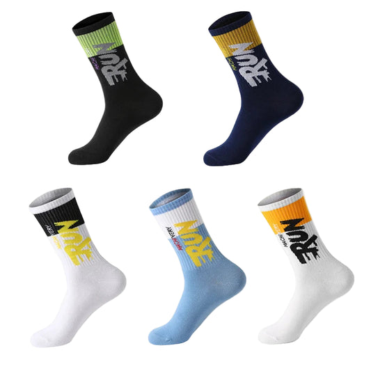 Set of socks in black, dark blue, white-black, blue, and white-orange with visible branding on a white background.