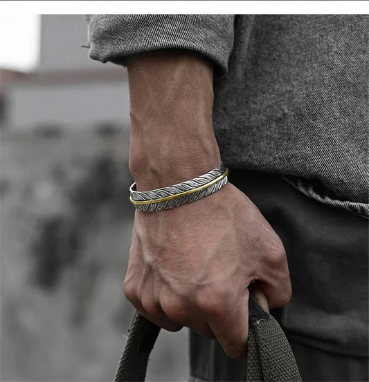 Wild Spirit Feather Cuff Adjustable Silver Bracelet for Men deideas