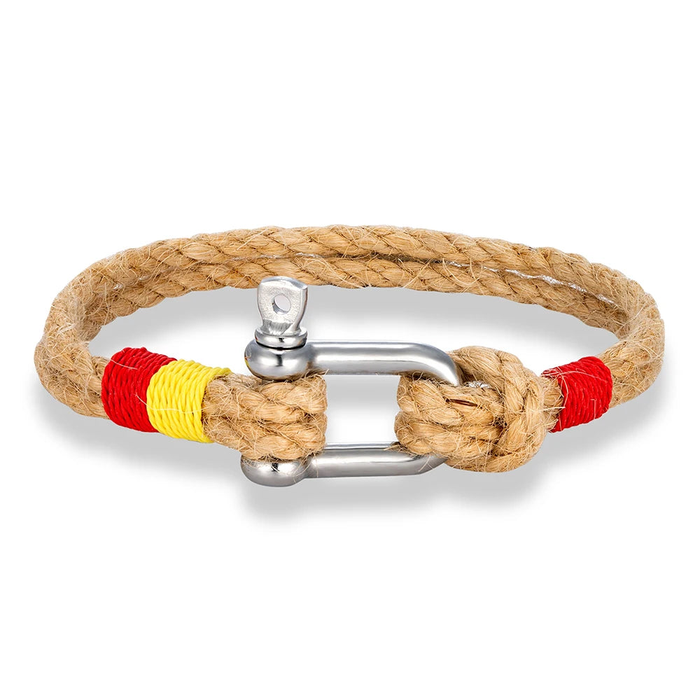 Pulsera de Cuerda de Cáñamo - Grillete de Acero Inoxidable, 8 Colores del Mundo, 4 Tallas, Unisex