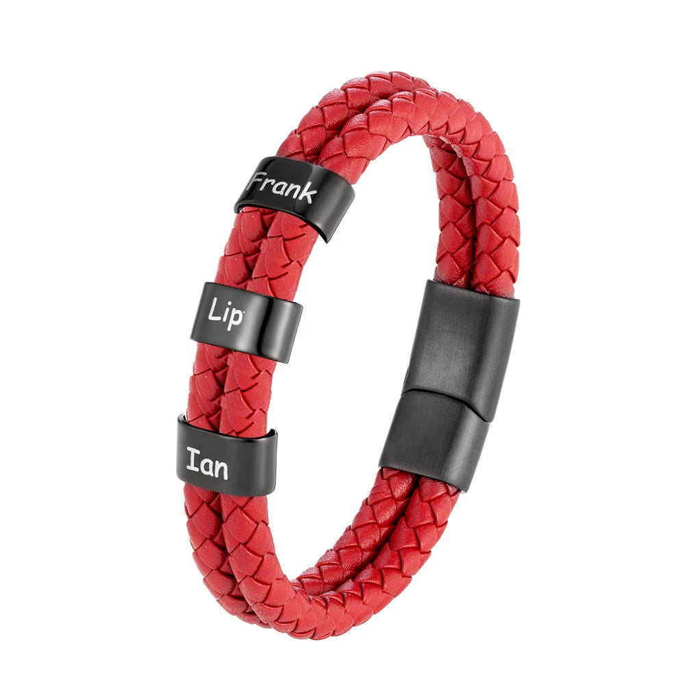 Pulsera de cuero trenzado personalizada con nombre de familia para hombre con dije de acero inoxidable