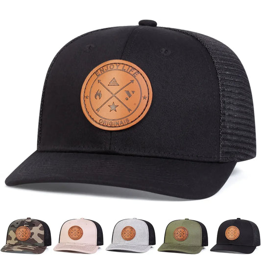 Radiate - Gorra trucker de malla DISFRUTA LA VIDA, etiqueta de cuero, unisex
