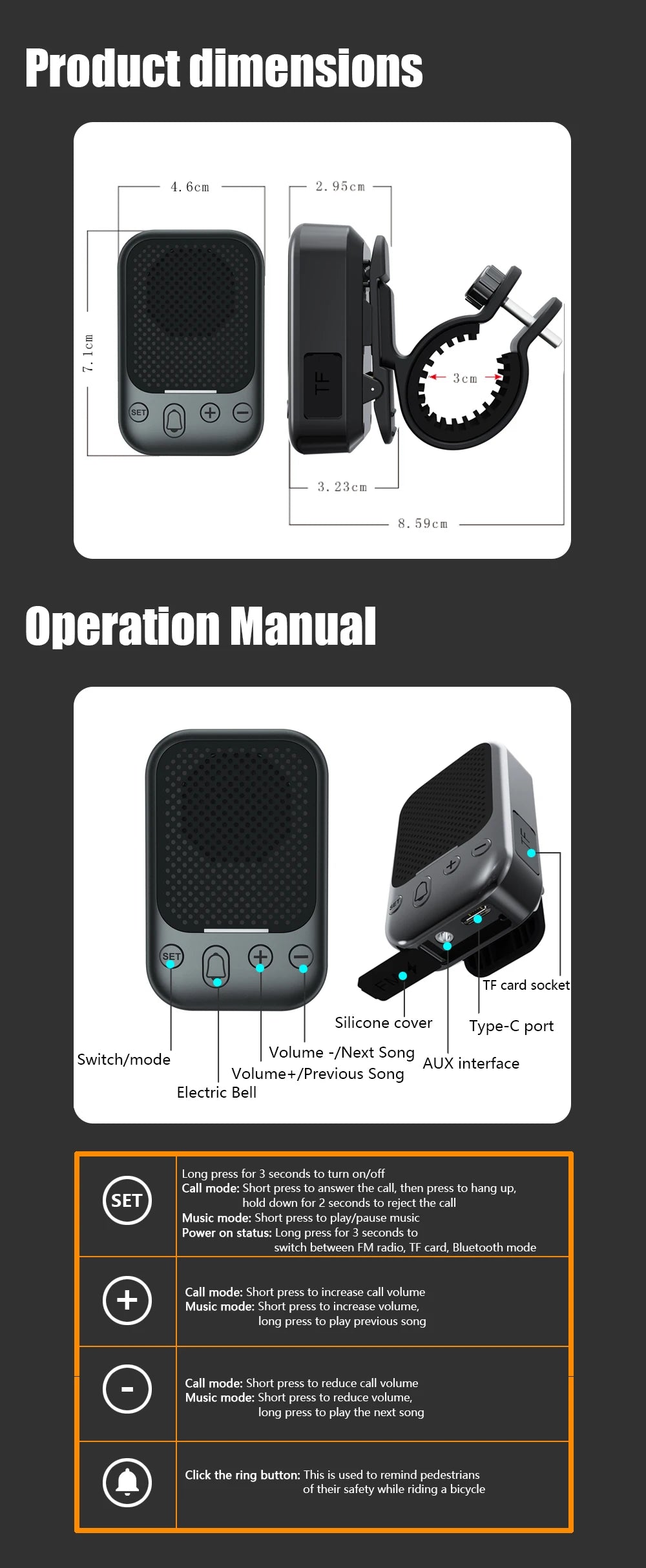 Outdoor Waterproof Portable Wireless Bluetooth Speaker 2-in-1 Multi-Functional Back Clip Cycling Soundbox with FM Radio TWS TF deideas