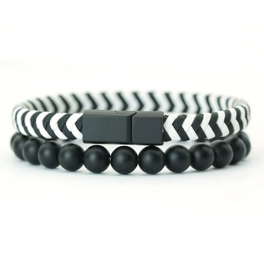 Noter 2Pcs Bracelets Exclusifs Pour Hommes 8mm Onyx Stone Strand Braclet Handmade Weaven Leather Braslet Perfect Gift For Him deideas