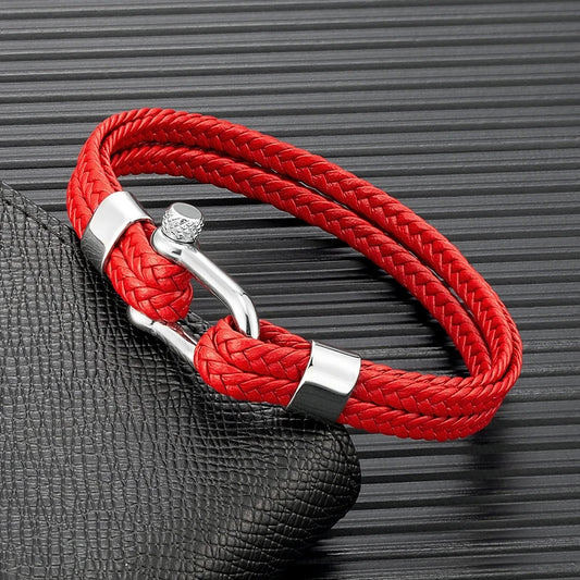 Nautical Anchor Bracelet - Braided Leather, Stainless Steel, 5 Colors, 3 Sizes, Unisex