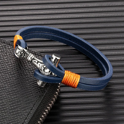 Viking Thor Mjolnir Leather Bracelet – Double-Layer Steel Charm | Norse Mythology