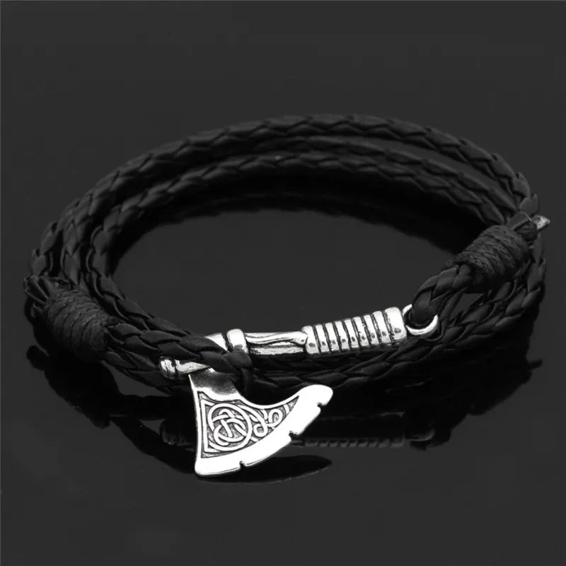 Viking Axe Leather Bracelet - Norse Rune Charm, Zinc Alloy, Adjustable