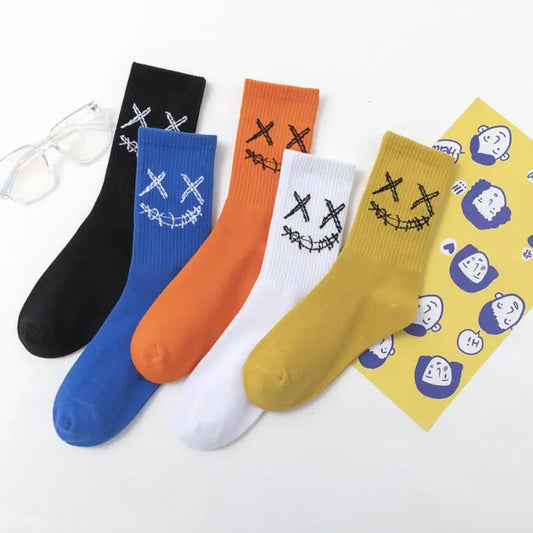Men's Hip Hop Crew Socks 3-Pack | Funny Face Embroidery, Street & Basketball Style