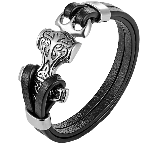 Black leather bracelet with silver clasp on a white background