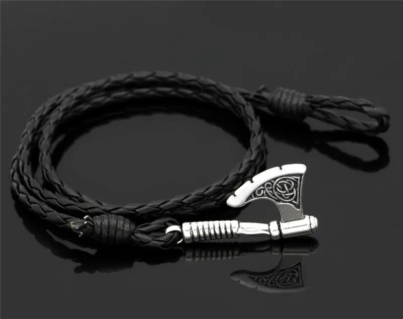 Viking Axe Leather Bracelet - Norse Rune Charm, Zinc Alloy, Adjustable