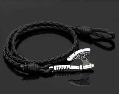 Viking Axe Leather Bracelet - Norse Rune Charm, Zinc Alloy, Adjustable