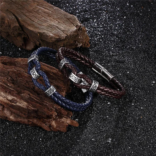 Black Braided Leather Bracelet Multilayer Stainless Steel Design deideas