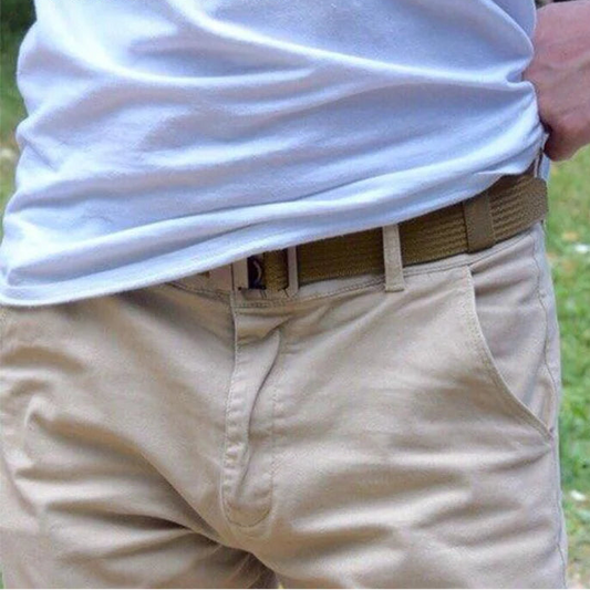 Person wearing a white t-shirt with 'MaiKun' logo and beige pants outdoors.
