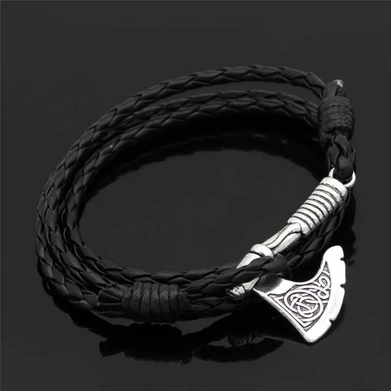Viking Axe Leather Bracelet - Norse Rune Charm, Zinc Alloy, Adjustable