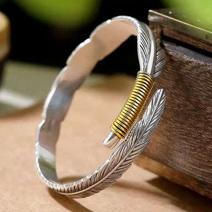 Feather Cuff Bracelet Adjustable Metal Bangle for Men & Women