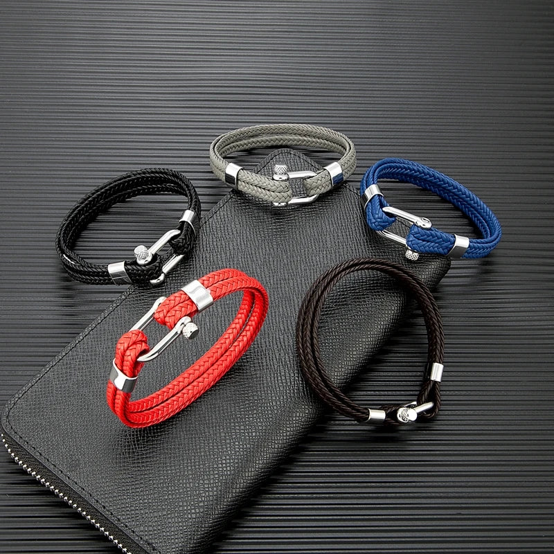 Pulsera Náutica de Ancla - Cuero Trenzado, Acero Inoxidable, 5 Colores, 3 Tallas, Unisex