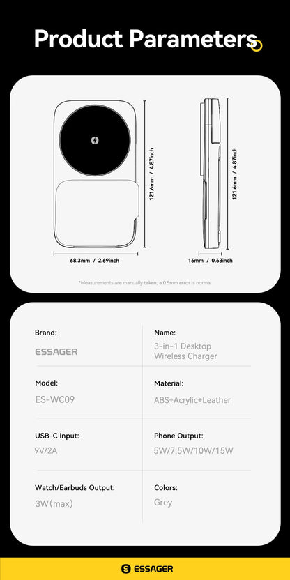 Soporte de cargador inalámbrico 3 en 1 - Carga rápida MagSafe de 15W para iPhone, AirPods y Apple Watch