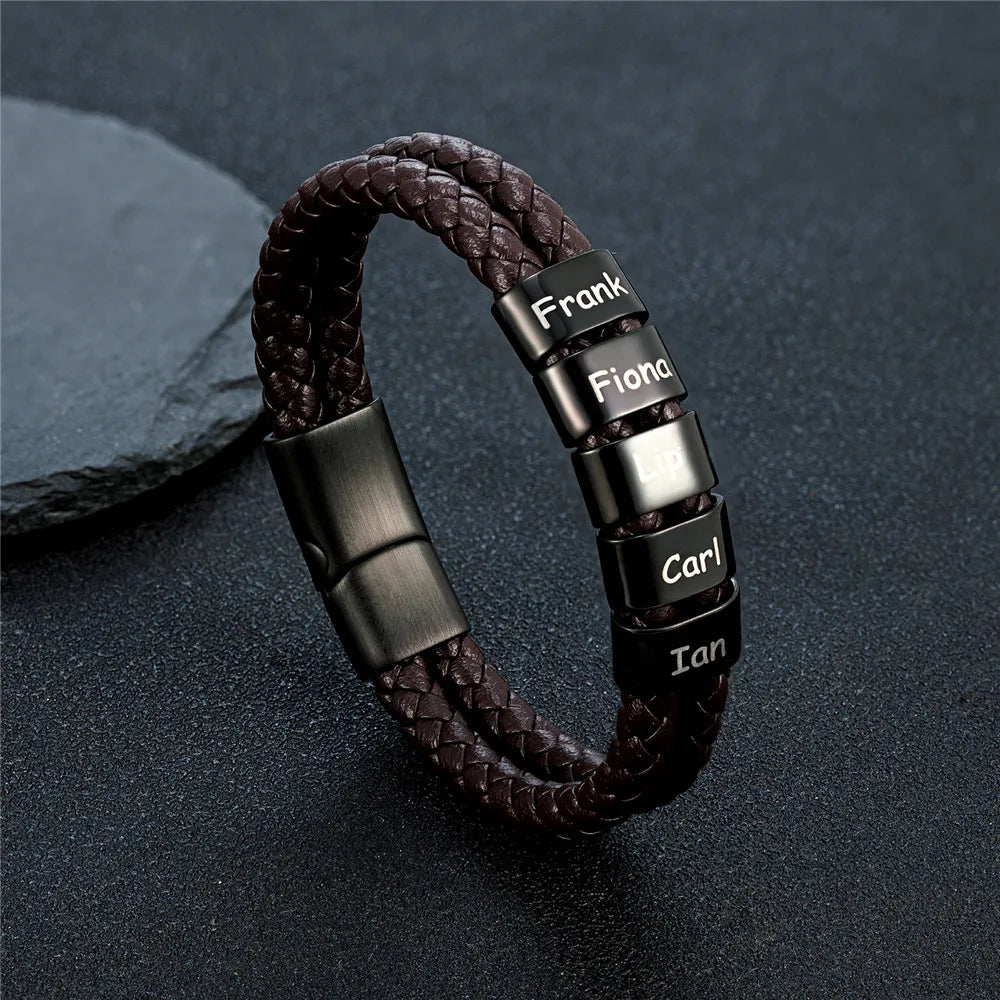 Pulsera de cuero trenzado personalizada con nombre de familia para hombre con dije de acero inoxidable