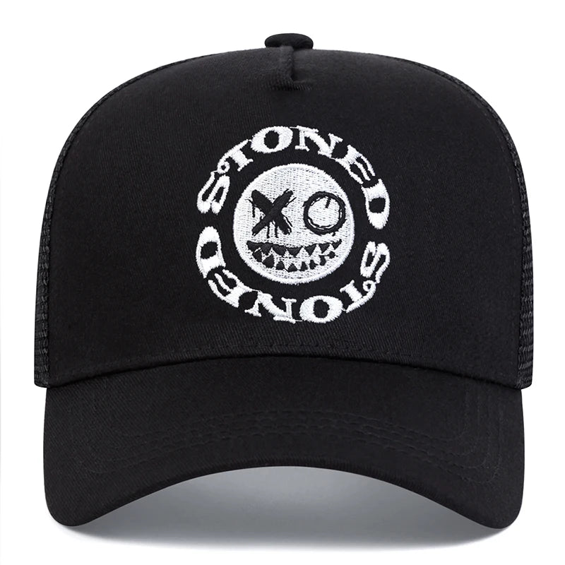 Smiley Face Embroidery Baseball Cap - Mesh Trucker, Adjustable, Unisex