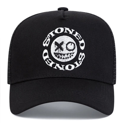 Smiley Face Embroidery Baseball Cap - Mesh Trucker, Adjustable, Unisex