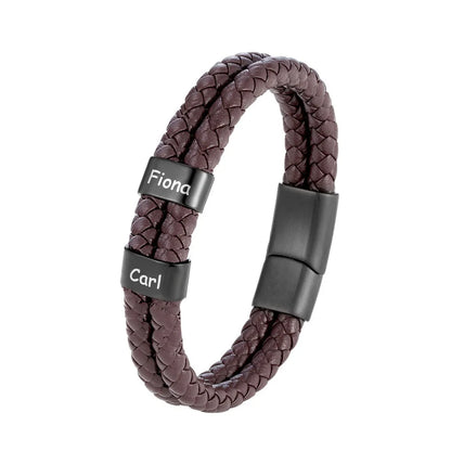 Pulsera de cuero trenzado personalizada con nombre de familia para hombre con dije de acero inoxidable