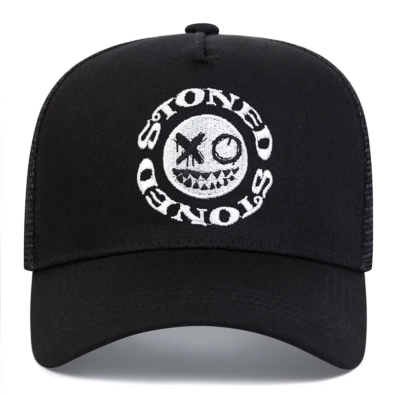 Smiley Face Embroidery Baseball Cap - Mesh Trucker, Adjustable, Unisex