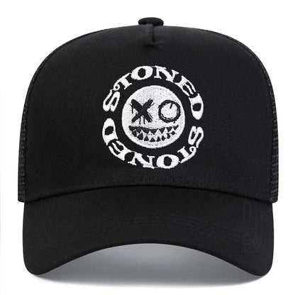 Smiley Face Embroidery Baseball Cap - Mesh Trucker, Adjustable, Unisex