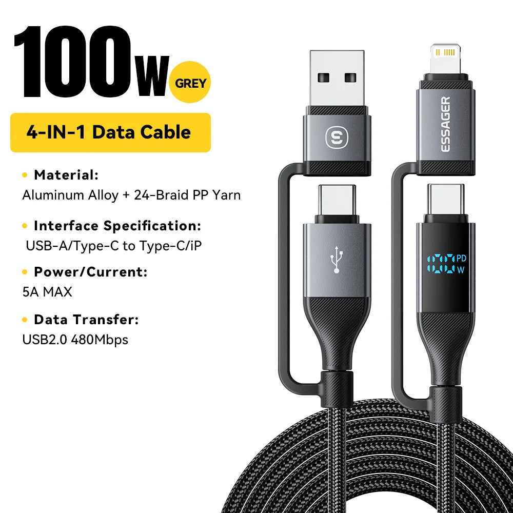 4-in-1 USB Cable 100W – Digital Display, Fast Charging for iPhone, iPad, MacBook & USB-C