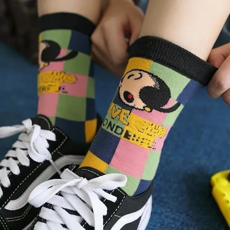 Cartoon Print Cotton Crew Socks - Jacquard, 5 Designs, Unisex EU 35-41