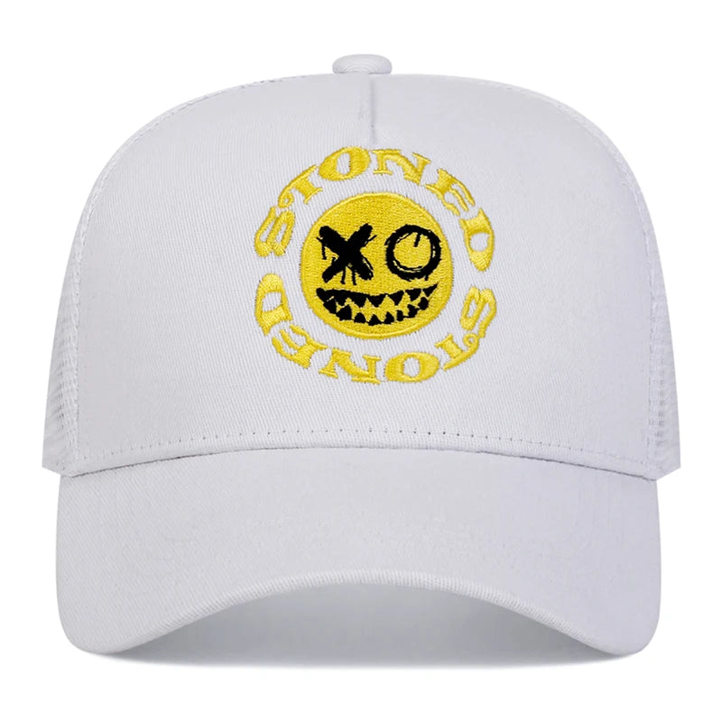 Smiley Face Embroidery Baseball Cap - Mesh Trucker, Adjustable, Unisex