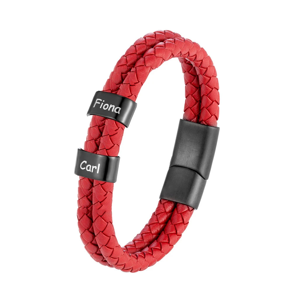 Pulsera de cuero trenzado personalizada con nombre de familia para hombre con dije de acero inoxidable