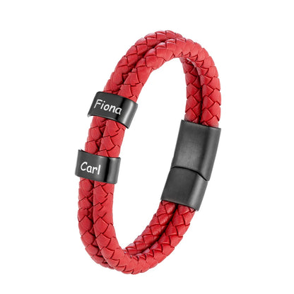 Pulsera de cuero trenzado personalizada con nombre de familia para hombre con dije de acero inoxidable