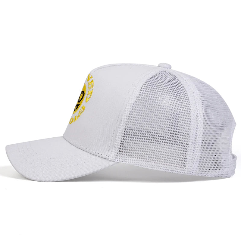 Smiley Face Embroidery Baseball Cap - Mesh Trucker, Adjustable, Unisex