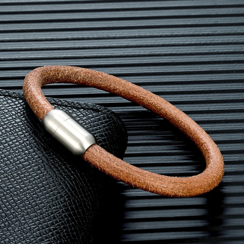 Pulsera de cuero auténtico – Broche magnético de acero inoxidable | Estilo vintage para hombre