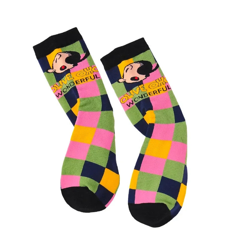 Cartoon Print Cotton Crew Socks - Jacquard, 5 Designs, Unisex EU 35-41