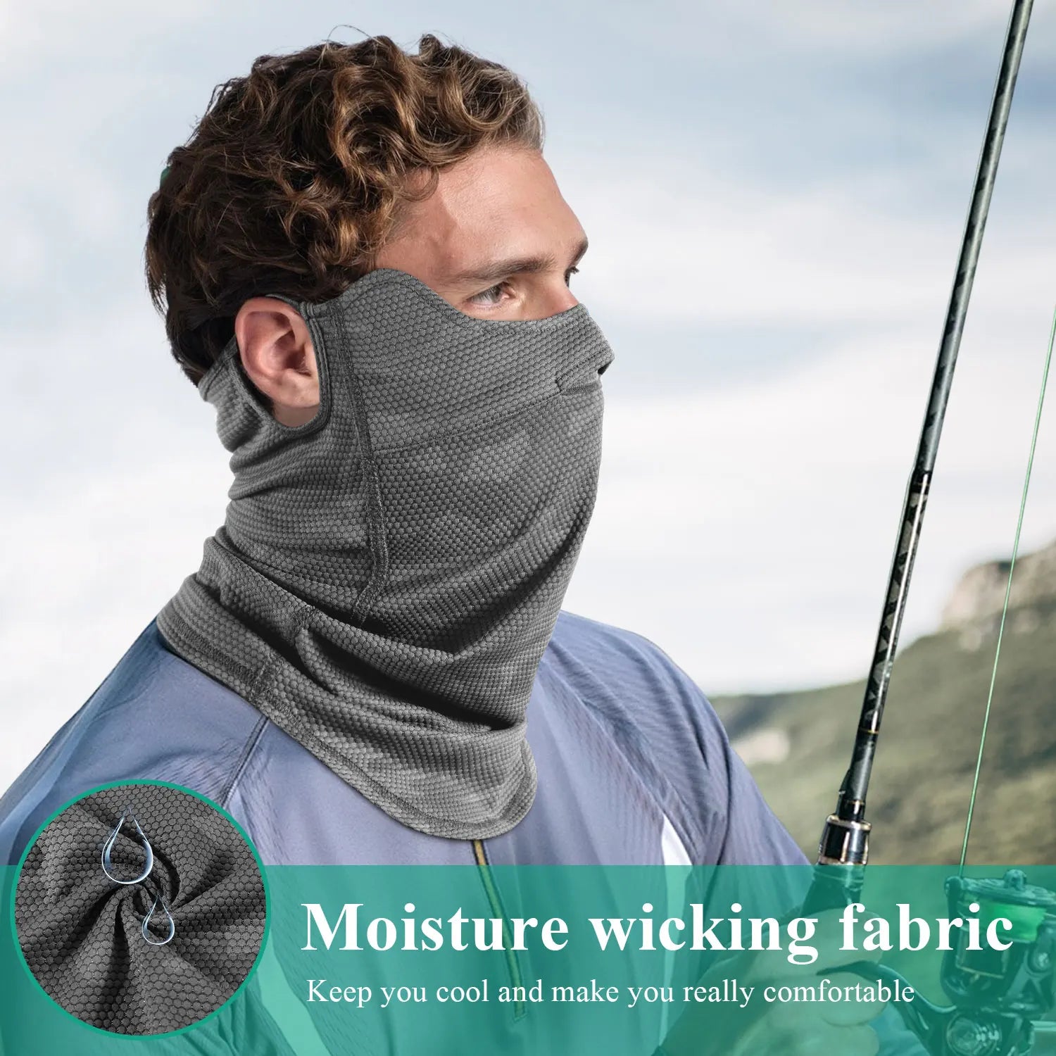 Man wearing a gray neck gaiter with a fishing rod, outdoors.