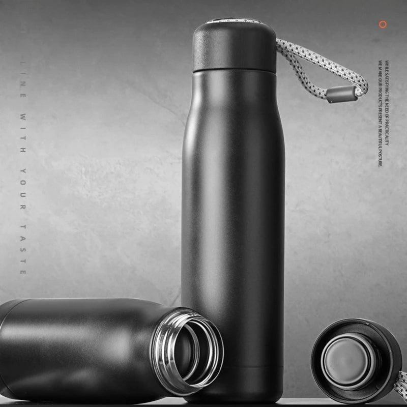 Vacuum Thermos Bottle - Stainless Steel, 550ml, Carry Rope, 5 Colors, Hot & Cold