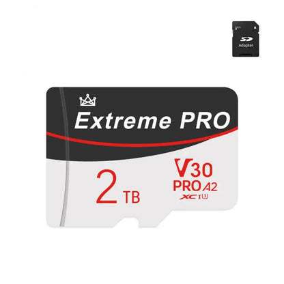 A 2TB Extreme Pro microSD card, primarily white with black and gold text, indicating high capacity and speed for mobile storage.