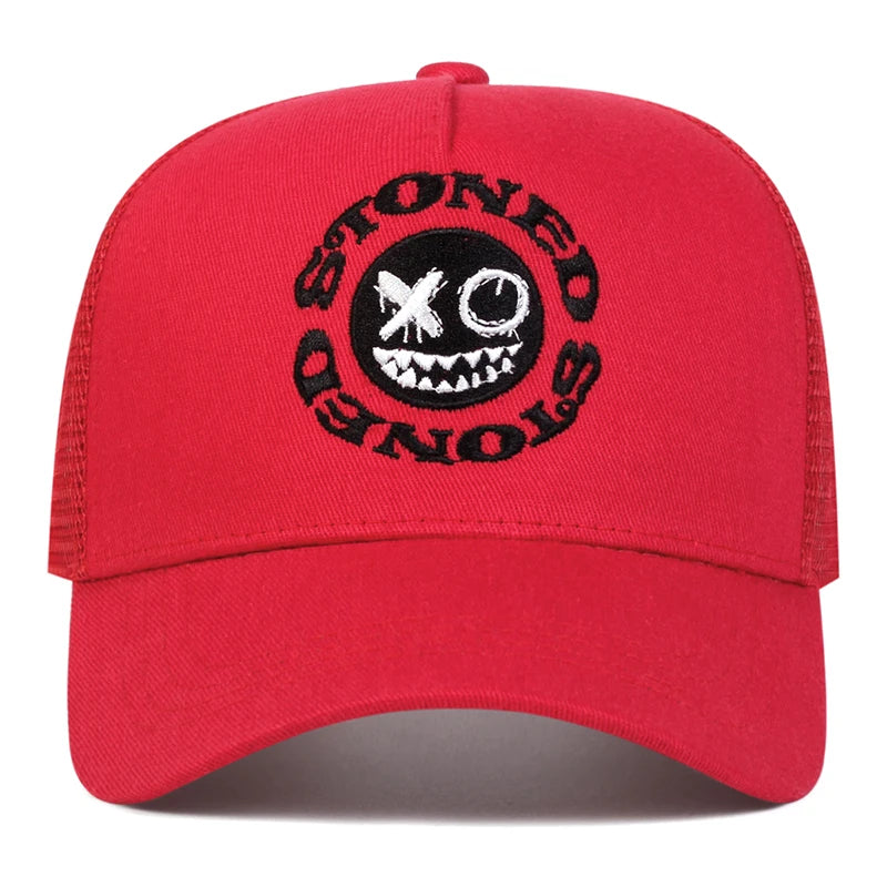 Smiley Face Embroidery Baseball Cap - Mesh Trucker, Adjustable, Unisex