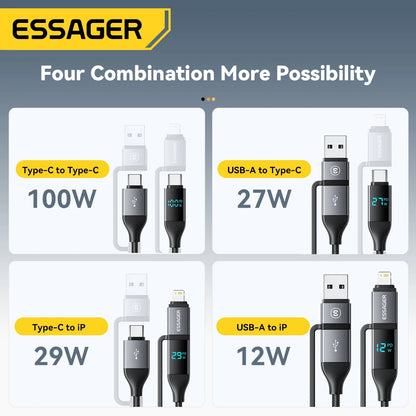 4-in-1 USB Cable 100W – Digital Display, Fast Charging for iPhone, iPad, MacBook & USB-C
