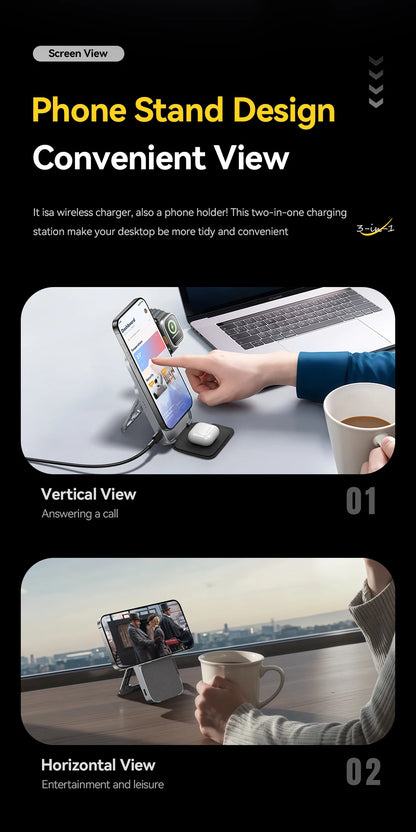Soporte de cargador inalámbrico 3 en 1 - Carga rápida MagSafe de 15W para iPhone, AirPods y Apple Watch