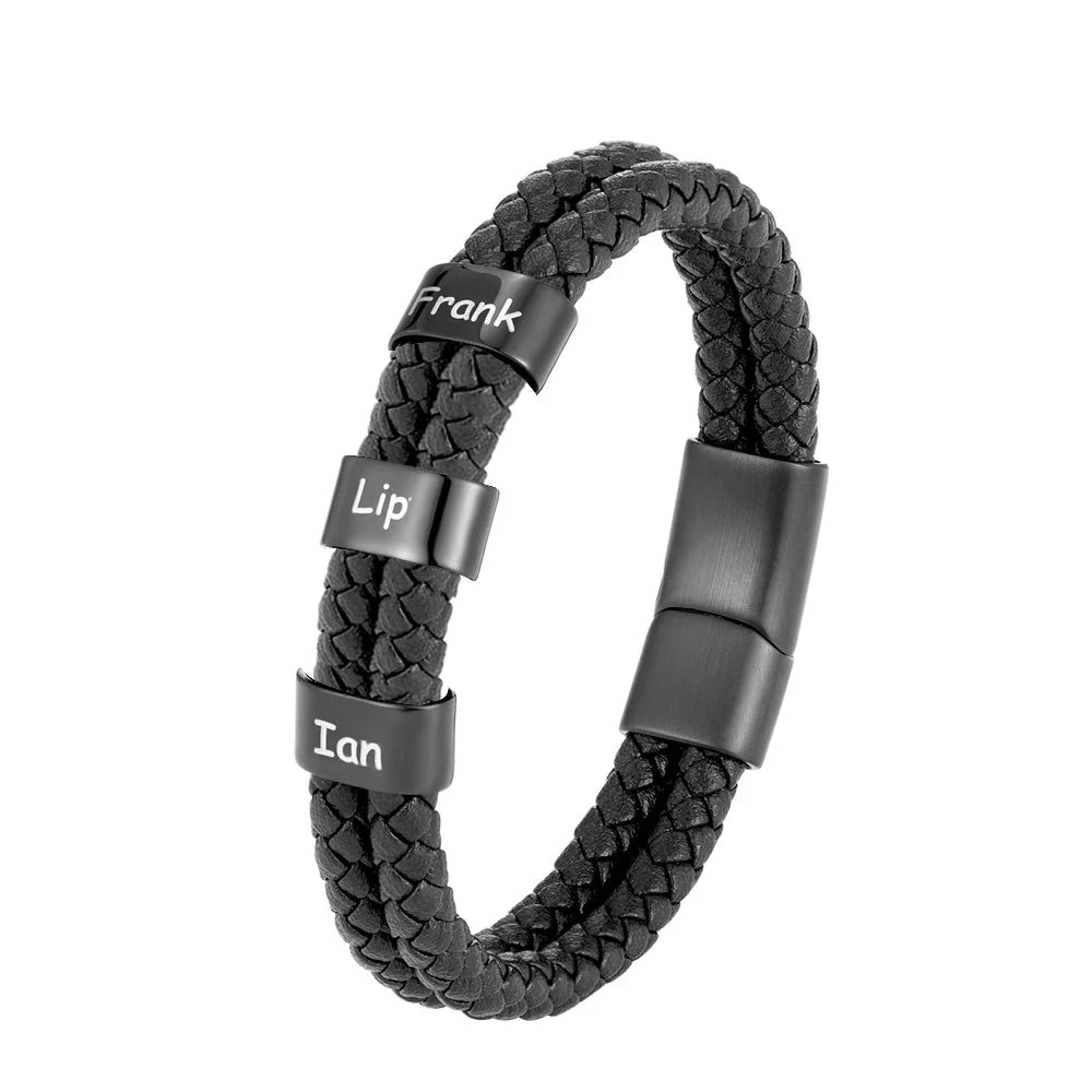 Pulsera de cuero trenzado personalizada con nombre de familia para hombre con dije de acero inoxidable