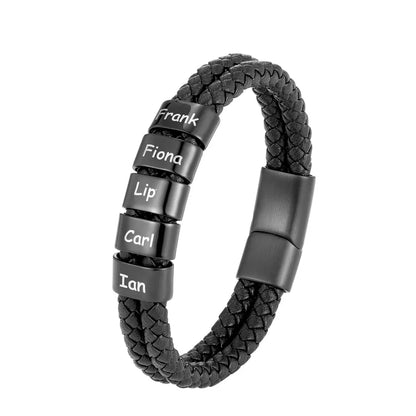 Pulsera de cuero trenzado personalizada con nombre de familia para hombre con dije de acero inoxidable