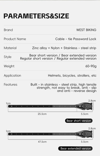 Portable Cable Combination Lock - Zinc Alloy, 3-Digit, 31cm & 53cm, Helmet & Bike