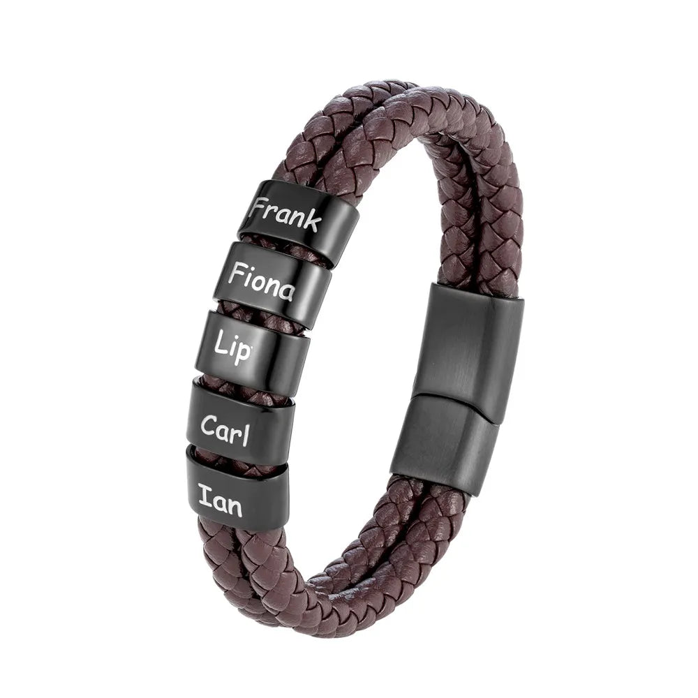 Pulsera de cuero trenzado personalizada con nombre de familia para hombre con dije de acero inoxidable