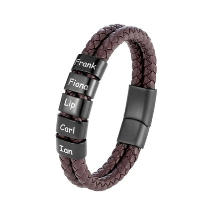 Pulsera de cuero trenzado personalizada con nombre de familia para hombre con dije de acero inoxidable