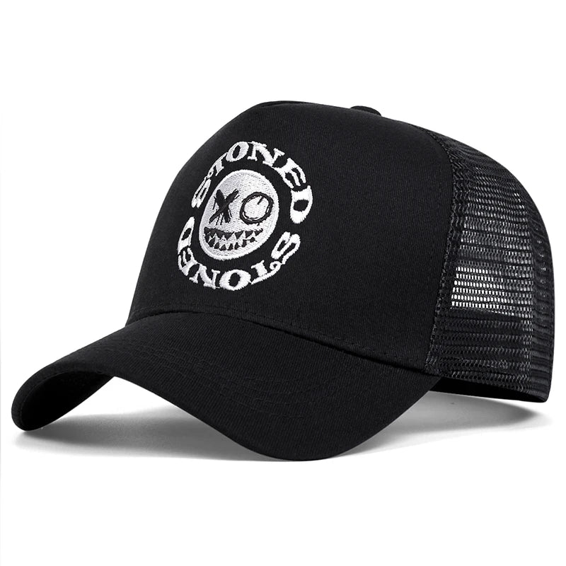 Smiley Face Embroidery Baseball Cap - Mesh Trucker, Adjustable, Unisex