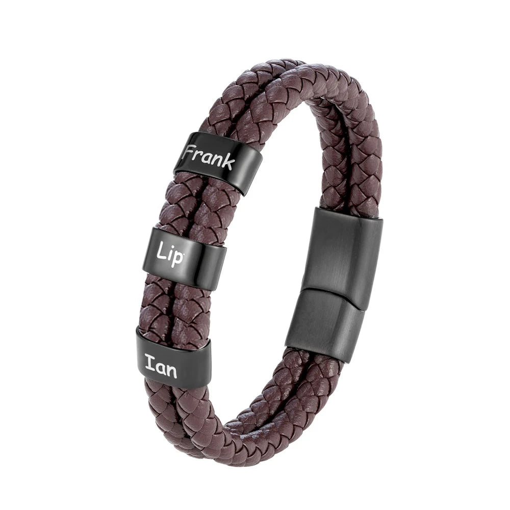 Pulsera de cuero trenzado personalizada con nombre de familia para hombre con dije de acero inoxidable
