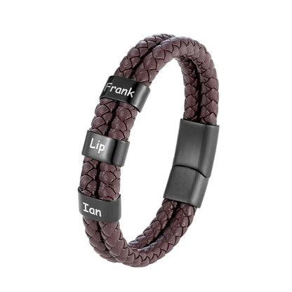 Pulsera de cuero trenzado personalizada con nombre de familia para hombre con dije de acero inoxidable