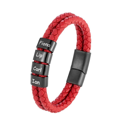 Pulsera de cuero trenzado personalizada con nombre de familia para hombre con dije de acero inoxidable